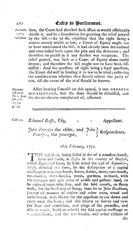 Reports of cases, upon appeals and writs of error, in the High Court of Parliament 1772 p.470